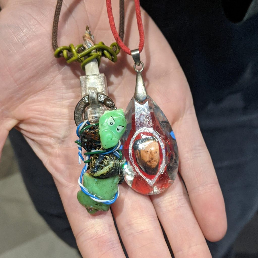 Dan Petley Gutter Bling: Crackodial (2006) and Wankprince (2020) found objects jewellery sculptures.